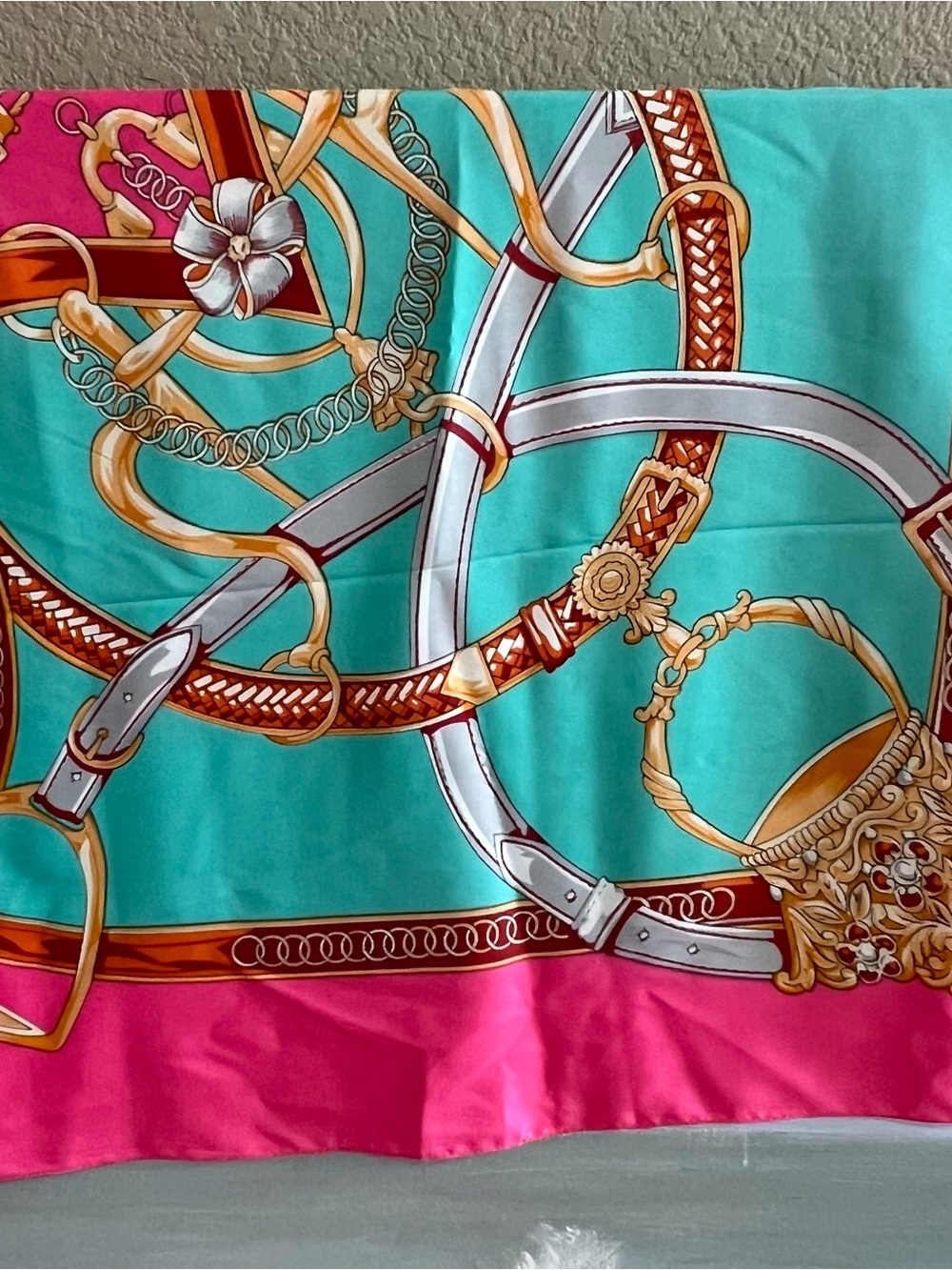 Tuckernuck Turquoise, Pink and Gold Chain-Print 100% Silk Scarf